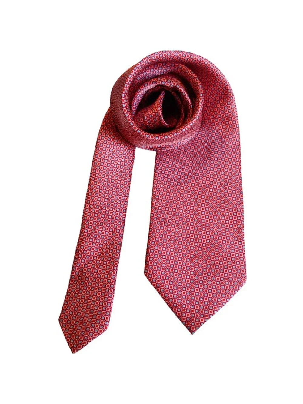 Brioni Silk Tie Raspberry Coral Geometric Neat Foulard Medallion Made in Italy